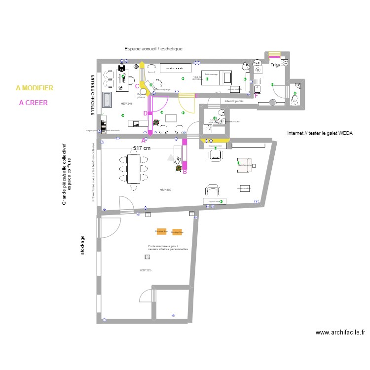 Salon Beauté sociale et solidaire avec aménagements. Plan de 2 pièces et 15 m2