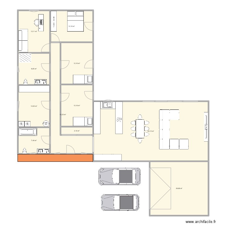 Test 1 enfilade. Plan de 11 pièces et 187 m2