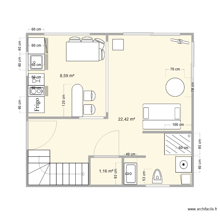 rdc. Plan de 3 pièces et 32 m2