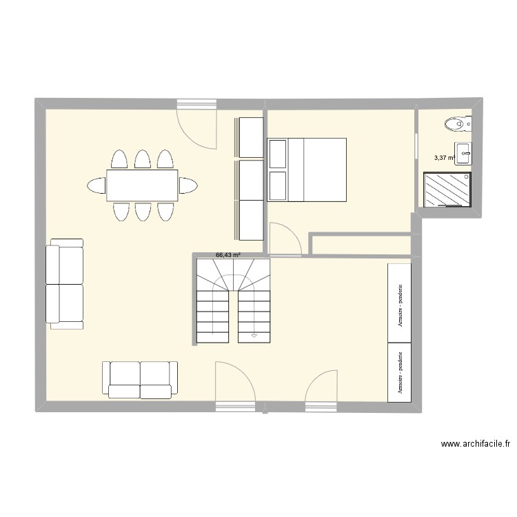 siffi. Plan de 2 pièces et 70 m2