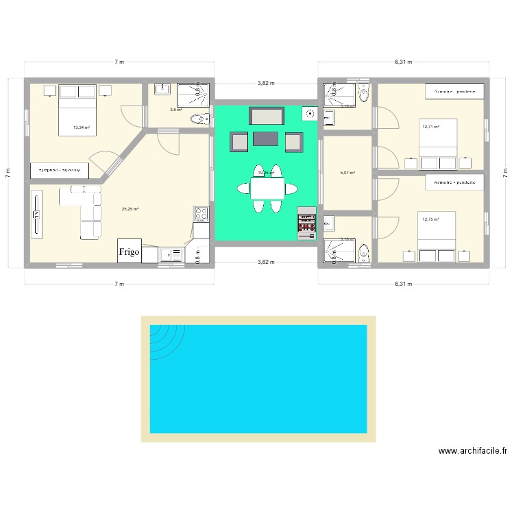 Maison 93 m² + ter 19m². Plan de 9 pièces et 99 m2