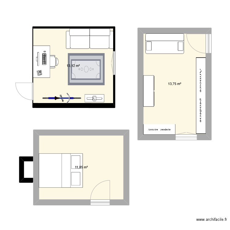 etage. Plan de 3 pièces et 39 m2