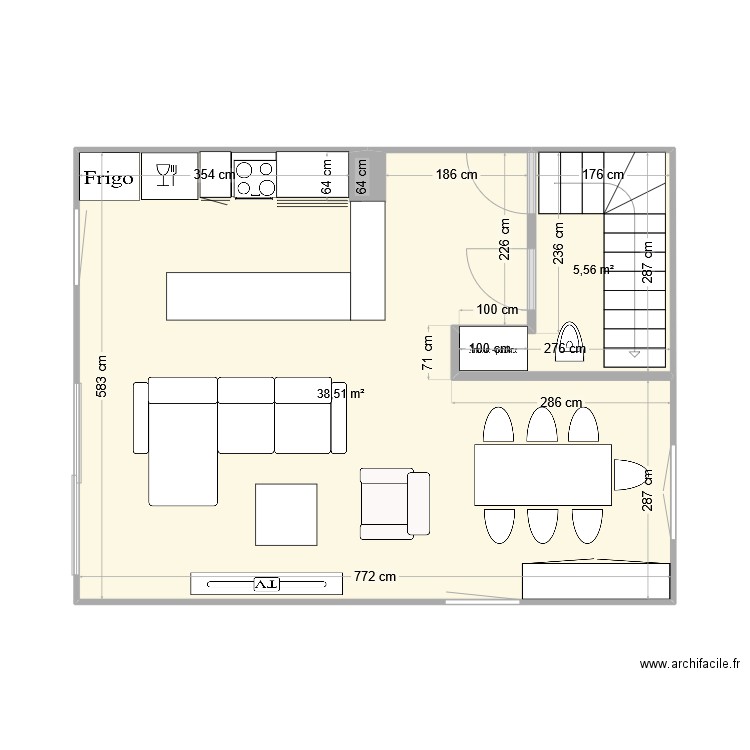 pièce à vivre. Plan de 2 pièces et 44 m2