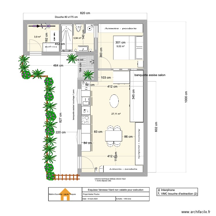 T2 Pioche / cuisine version 9. Plan de 4 pièces et 44 m2