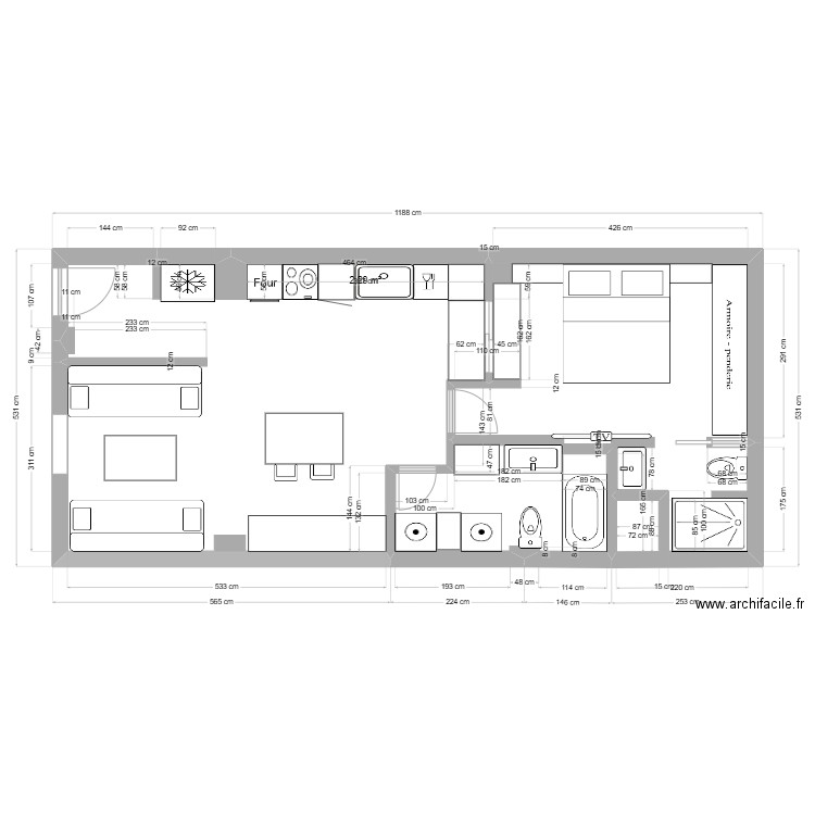 2-HO-1. Plan de 1 pièce et 2 m2