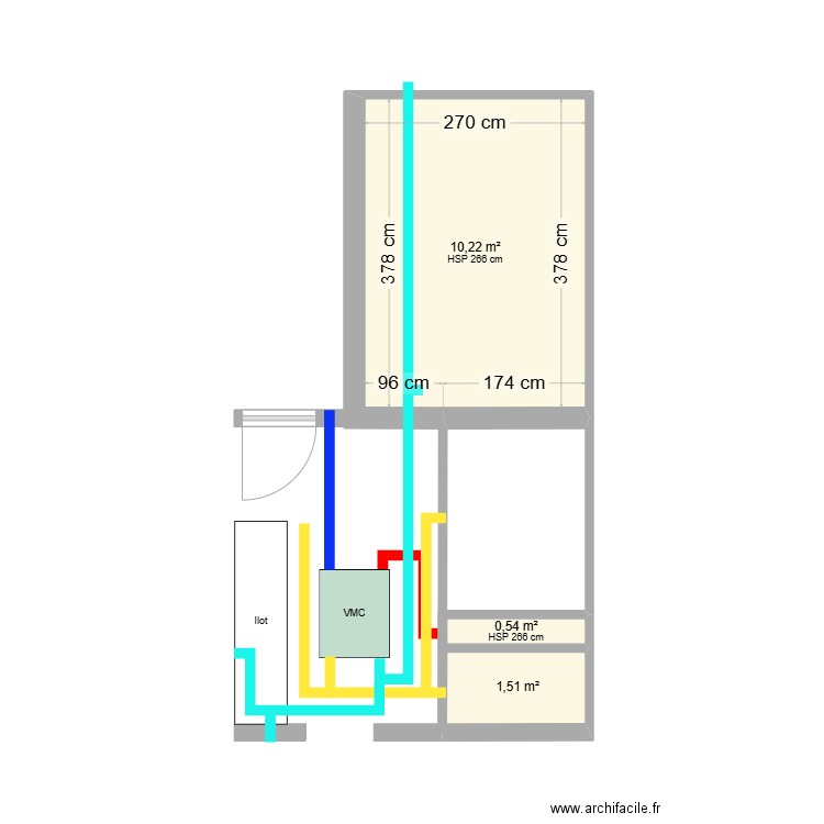 VMC cuisine. Plan de 3 pièces et 12 m2