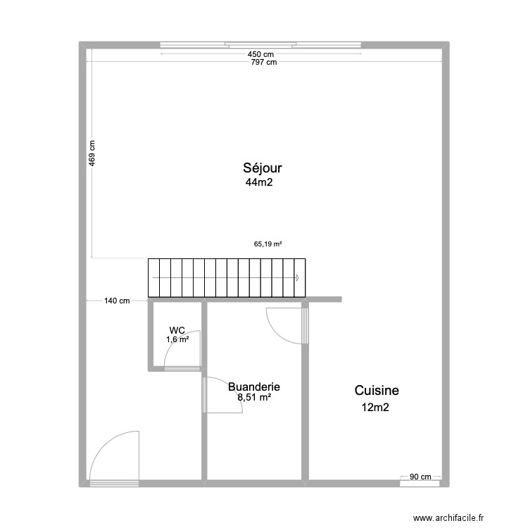 Rez maison 2 Ghlin. Plan de 3 pièces et 75 m2