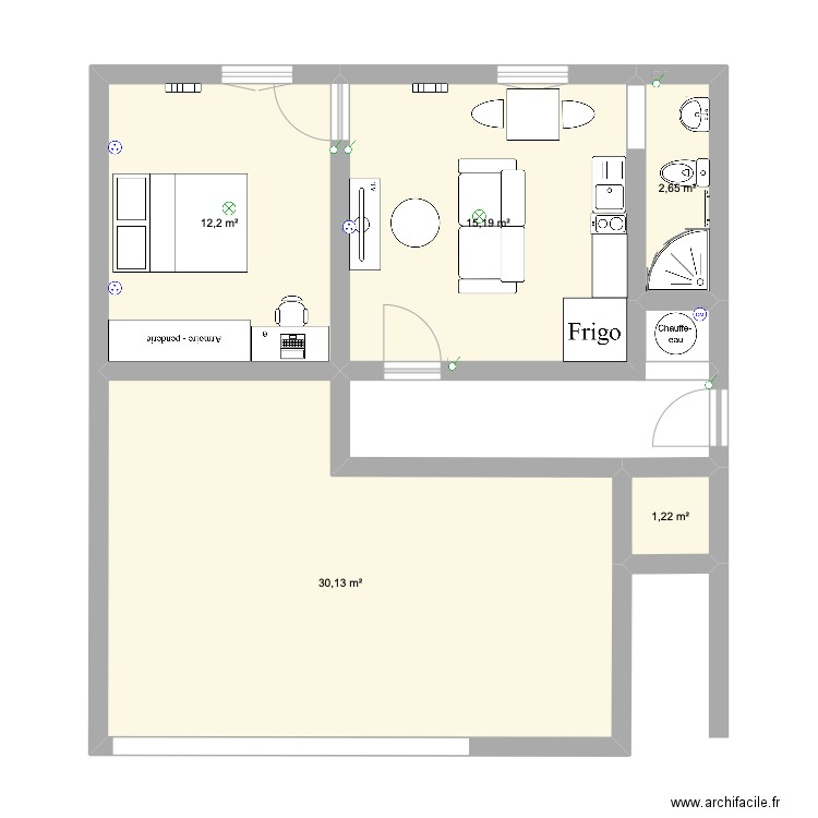 projet laverie + studio. Plan de 5 pièces et 61 m2