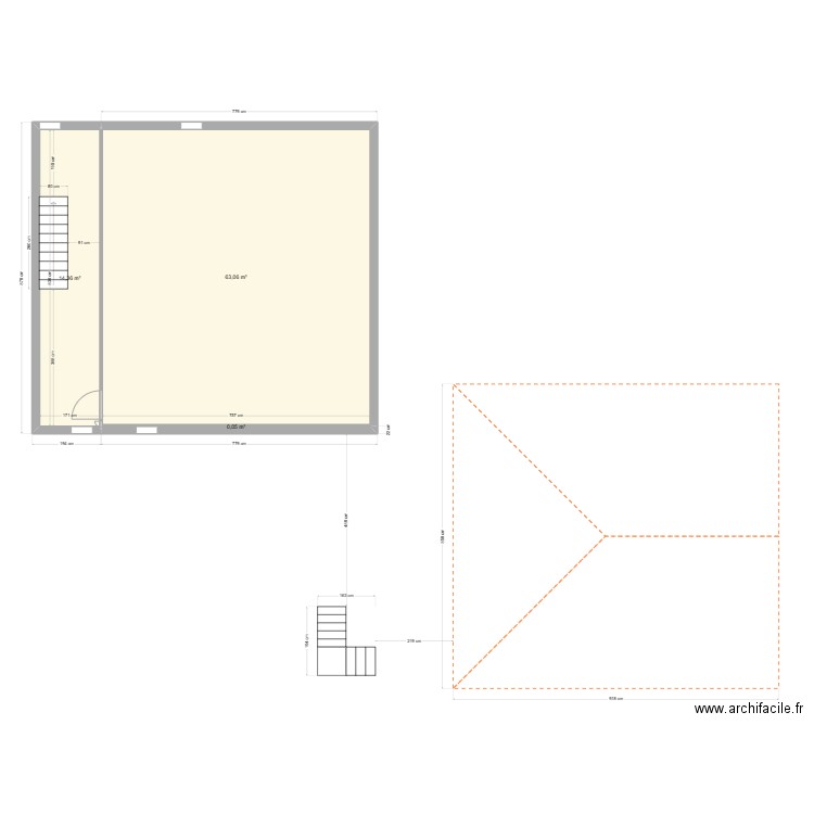 Combles 3. Plan de 3 pièces et 77 m2