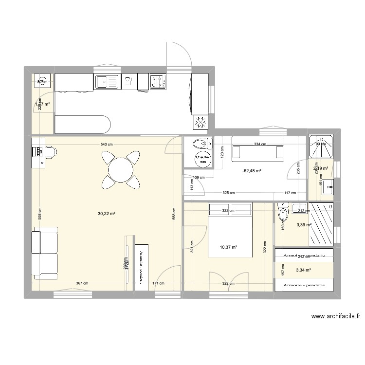 la halle. Plan de 7 pièces et 60 m2