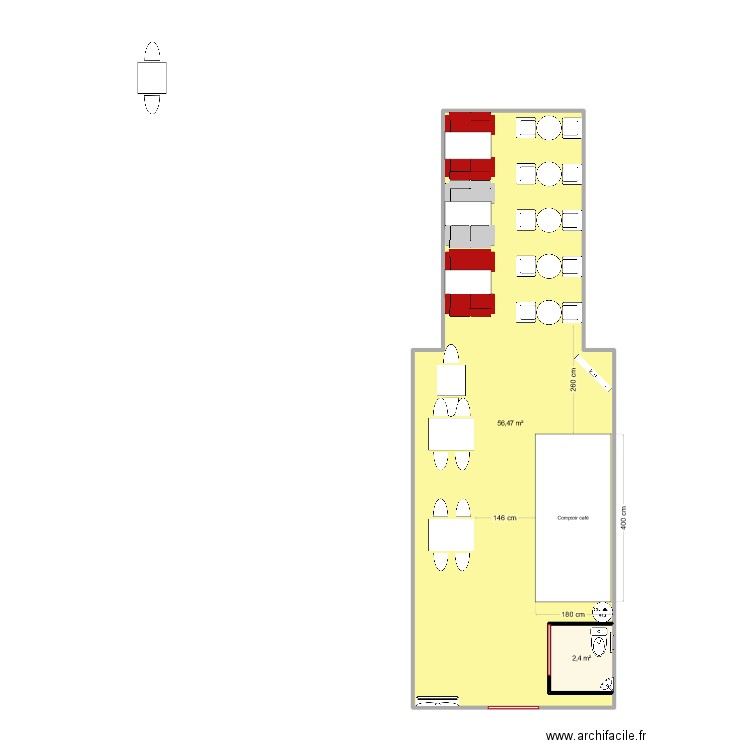 café. Plan de 2 pièces et 59 m2