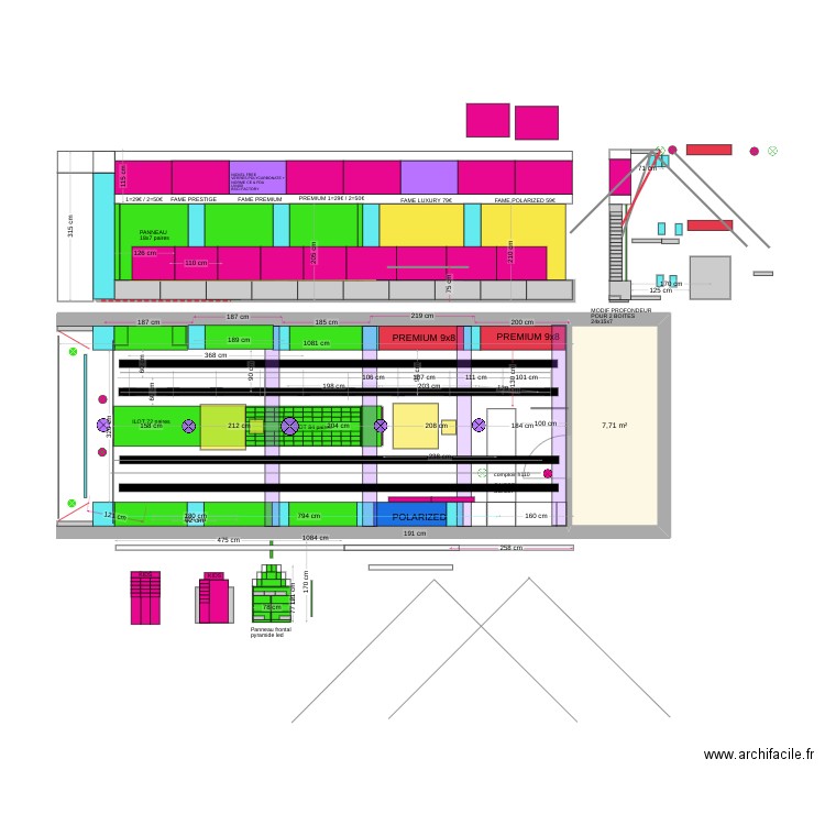 PLAN SUNGLASSES V10 SNG h320 accessoires et eclairage double down final noir. Plan de 1 pièce et 8 m2