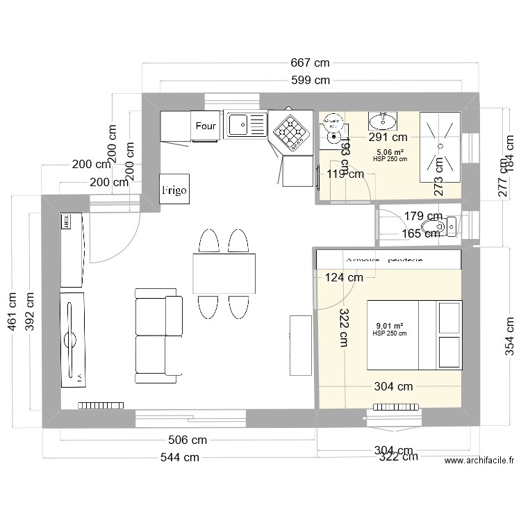 extension 1. Plan de 2 pièces et 14 m2