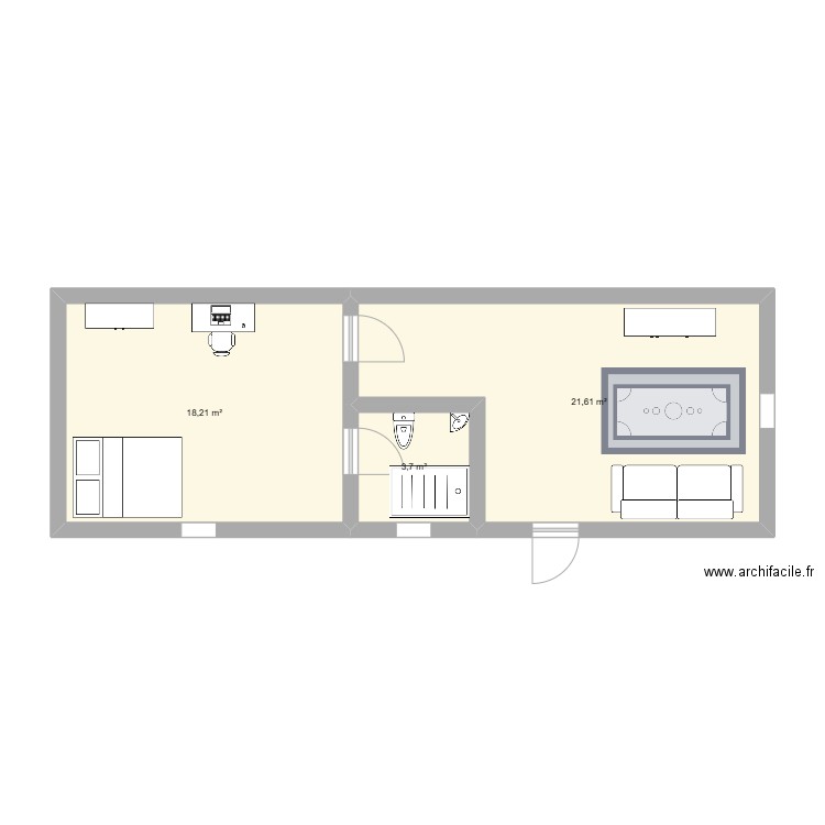 chambre. Plan de 3 pièces et 44 m2