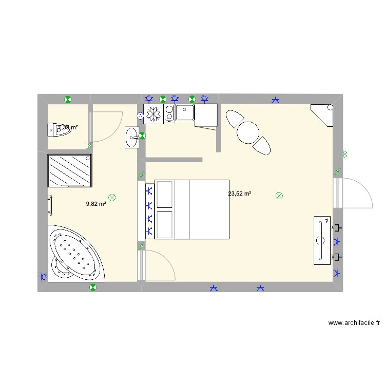 gite 2 spa étage . Plan de 3 pièces et 35 m2