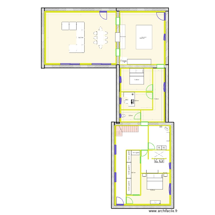 Grange RDC. Plan de 8 pièces et 153 m2