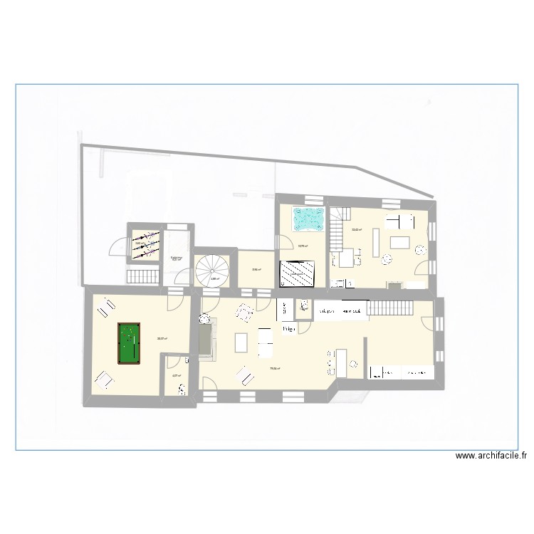 Batellerie RDC. Plan de 34 pièces et 520 m2