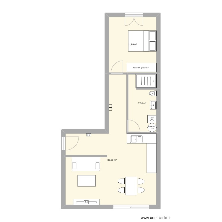 T2 Garage. Plan de 3 pièces et 53 m2