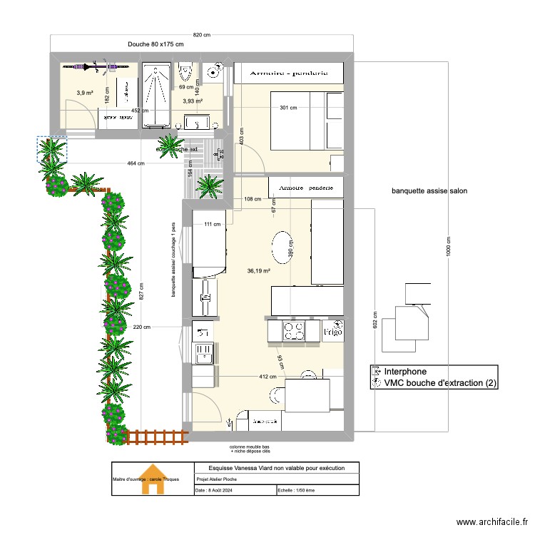 T2 Pioche / cuisine version 5. Plan de 3 pièces et 44 m2