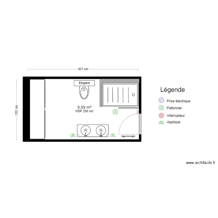 Projet Martin Préco couleurs. Plan de 1 pièce et 10 m2