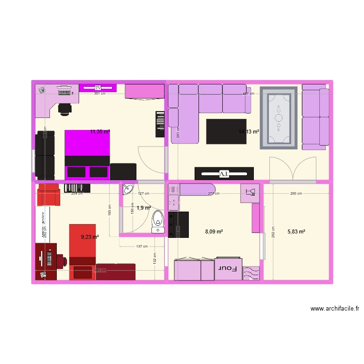 maison violet. Plan de 6 pièces et 51 m2