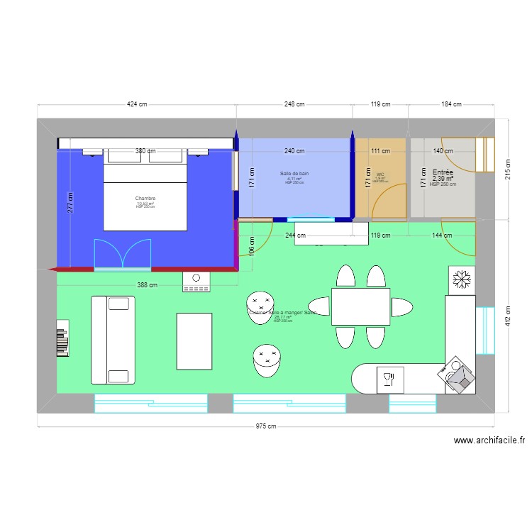 Habitat vue de dessus, coupe au sol. Plan de 5 pièces et 48 m2