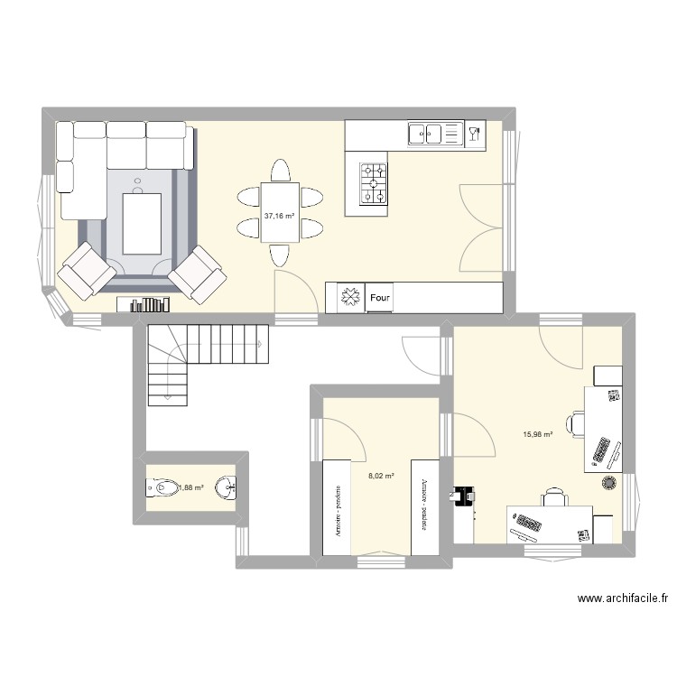 rez de chaussée cusiine ouverte. Plan de 4 pièces et 63 m2