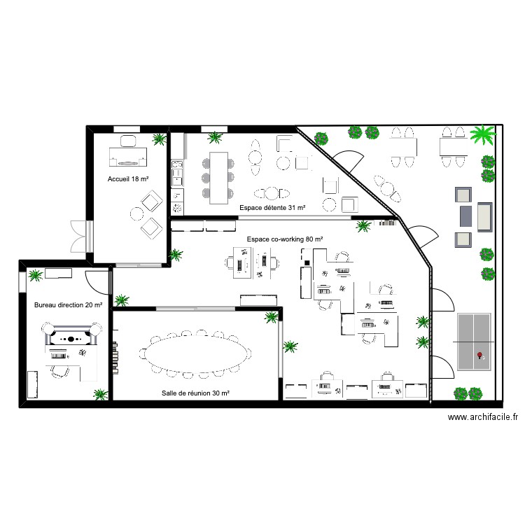 espace coworking. Plan de 2 pièces et 176 m2