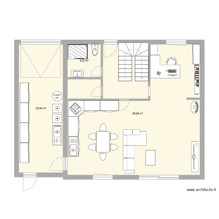 rdc. Plan de 3 pièces et 82 m2