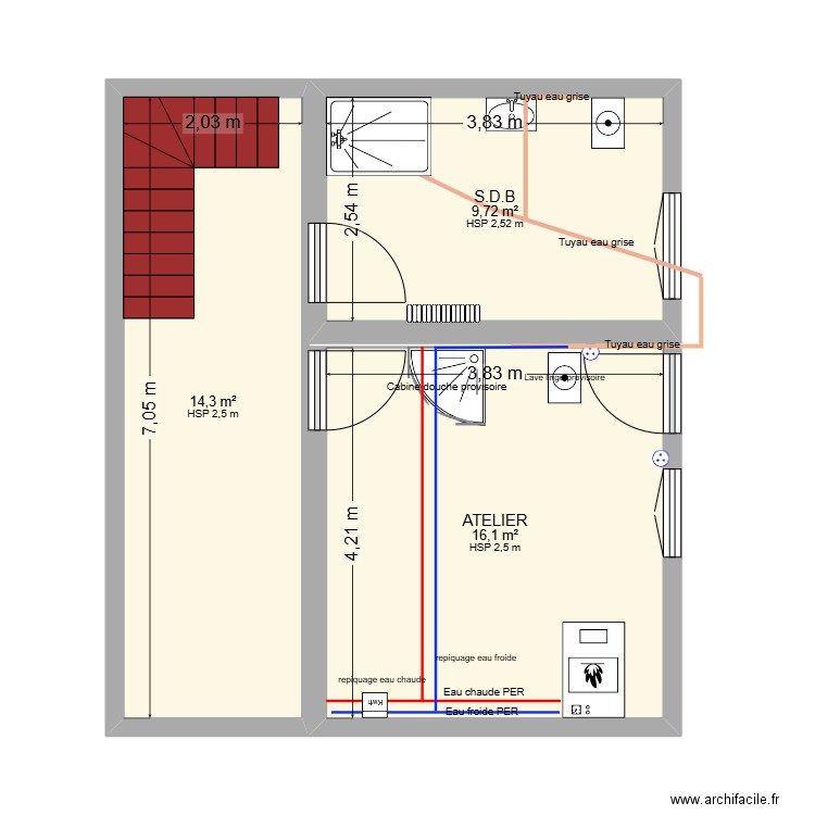 installation provisoire. Plan de 3 pièces et 40 m2