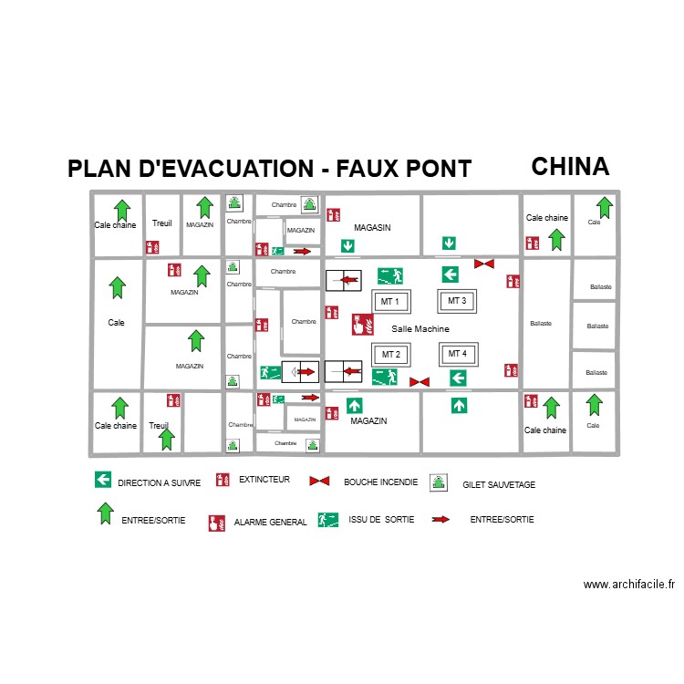 CHINA PLAN D'EVACUATION FAUX PONT 1. Plan de 16 pièces et 26 m2