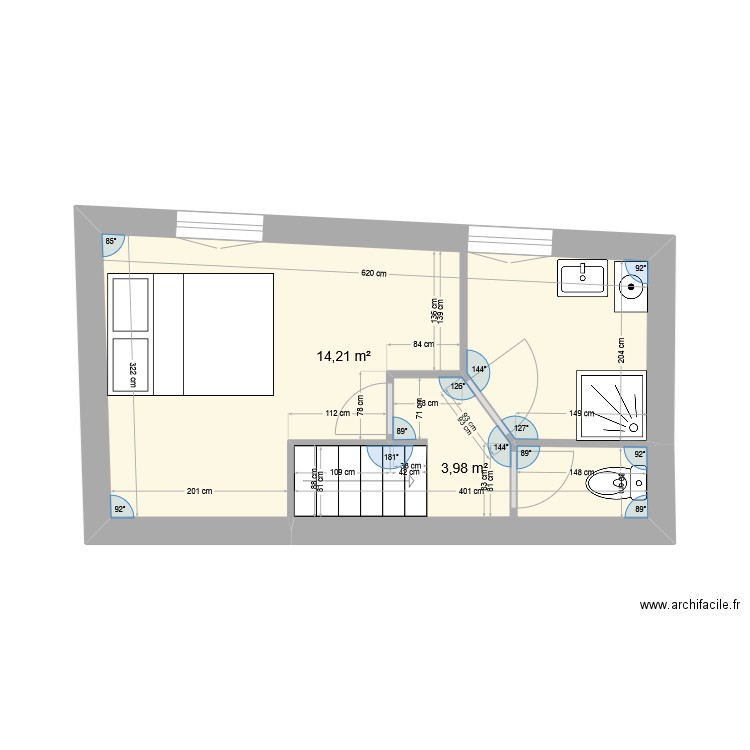 82 Poincaré étage. Plan de 2 pièces et 18 m2