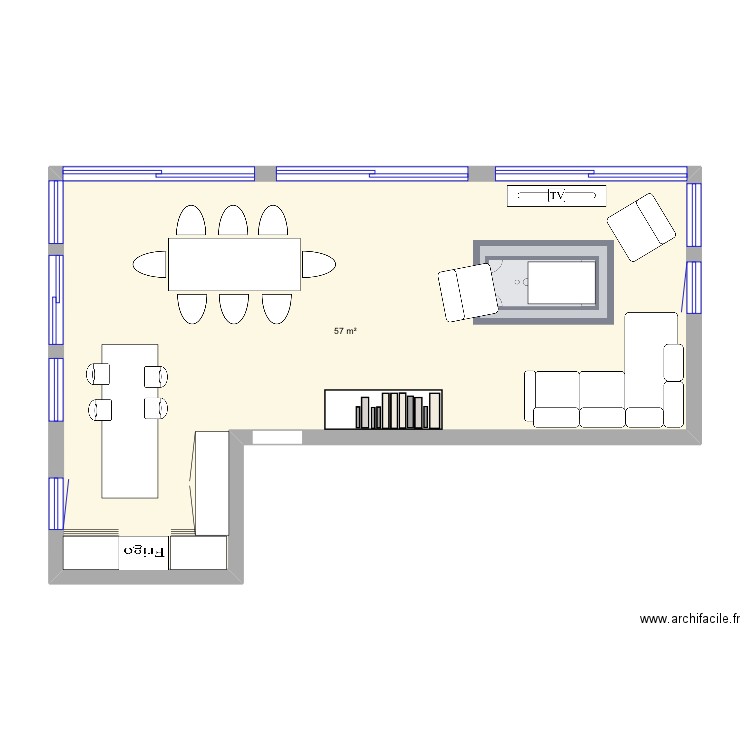 Travail sur salon et cuisine . Plan de 1 pièce et 57 m2