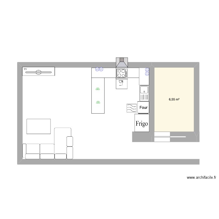 salon cuisine . Plan de 1 pièce et 7 m2