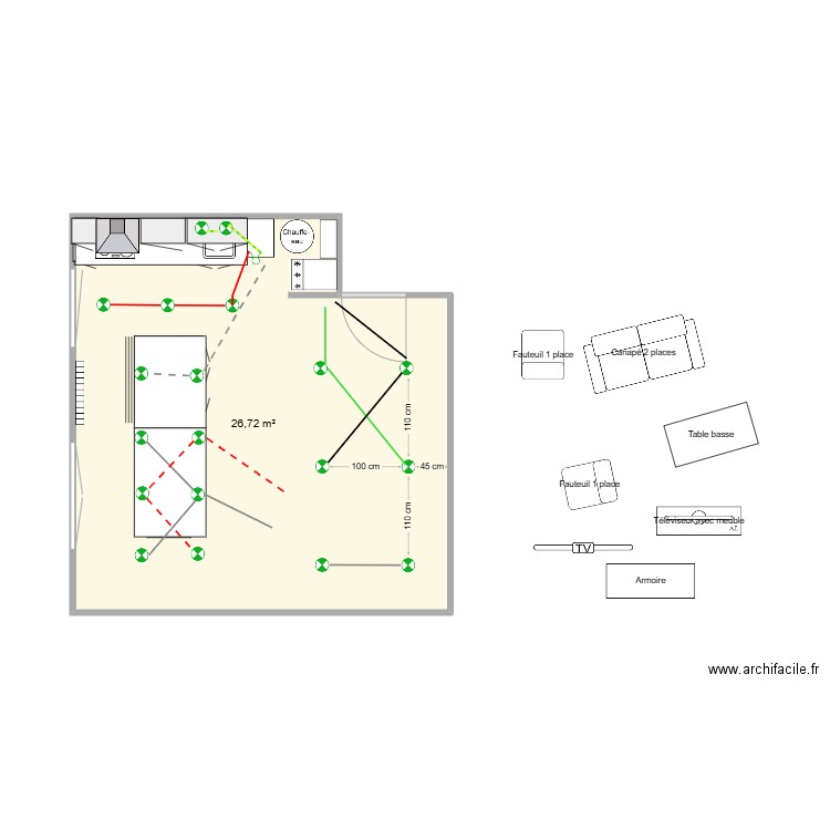 Pièce principale Chrystel spots. Plan de 1 pièce et 27 m2