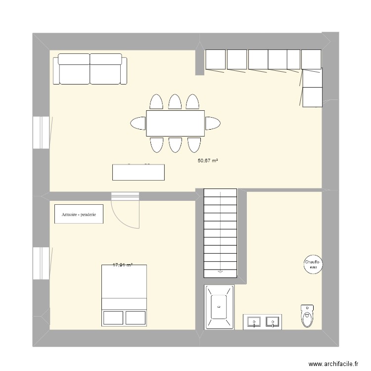 appartement 1er etage. Plan de 2 pièces et 69 m2