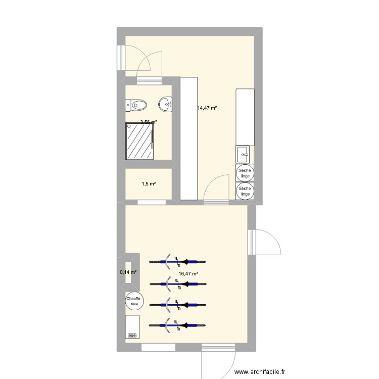 buanderie. Plan de 5 pièces et 36 m2