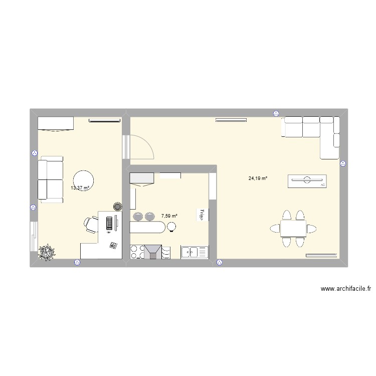 Maison 1 . Plan de 3 pièces et 45 m2