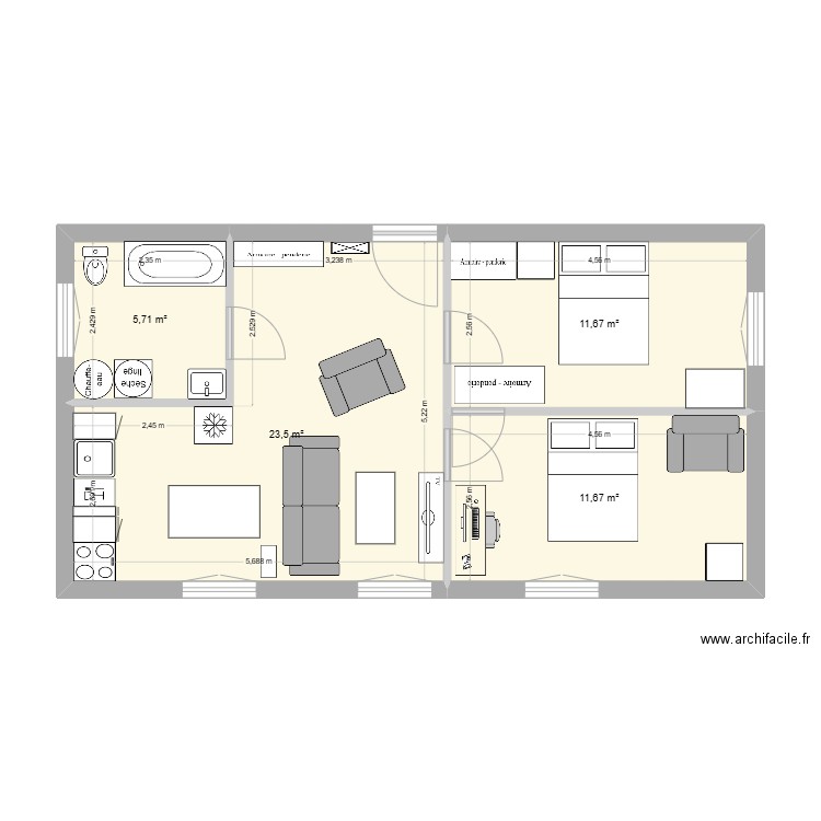 appart au 2eme autre version. Plan de 4 pièces et 53 m2