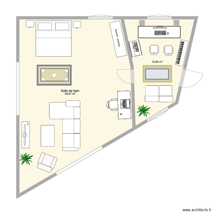 Studio ok . Plan de 2 pièces et 66 m2