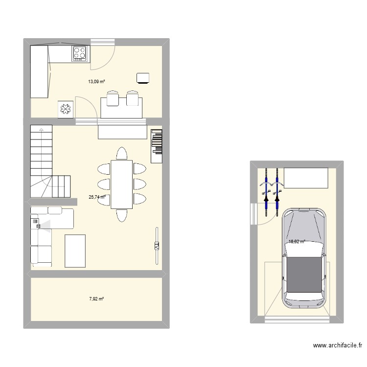 Cuisine salon. Plan de 4 pièces et 63 m2