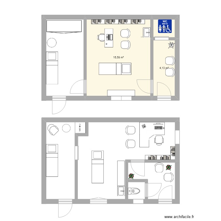 cabinet. Plan de 3 pièces et 22 m2