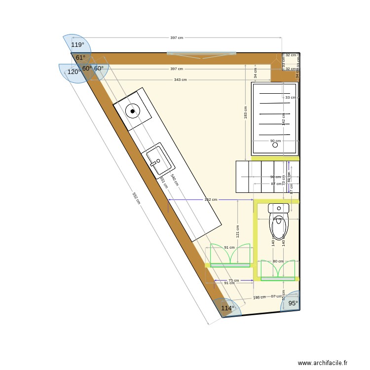 Salle de bain. Plan de 4 pièces et 12 m2