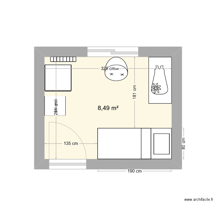 Chambre bébé. Plan de 1 pièce et 8 m2