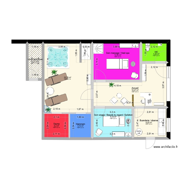 institut. Plan de 9 pièces et 83 m2