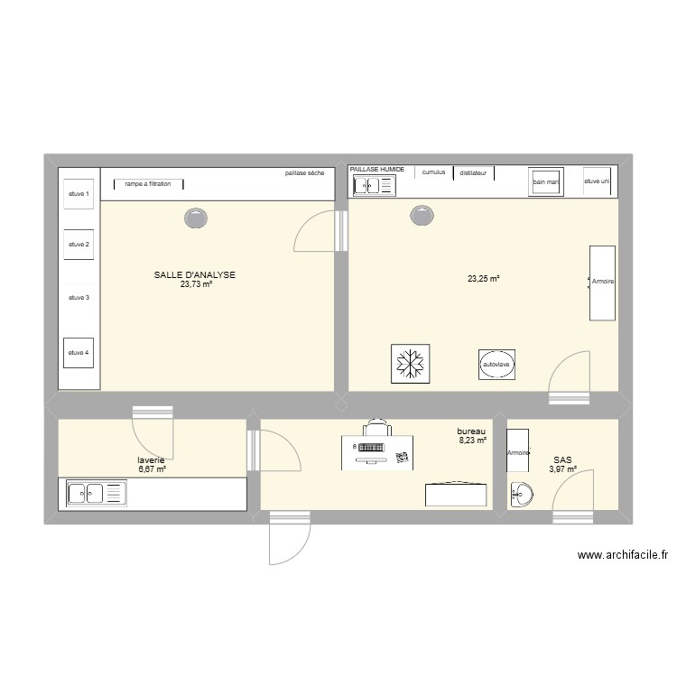 plan labo microbio. Plan de 5 pièces et 66 m2