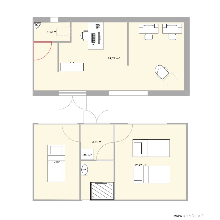 salon sardane. Plan de 5 pièces et 56 m2