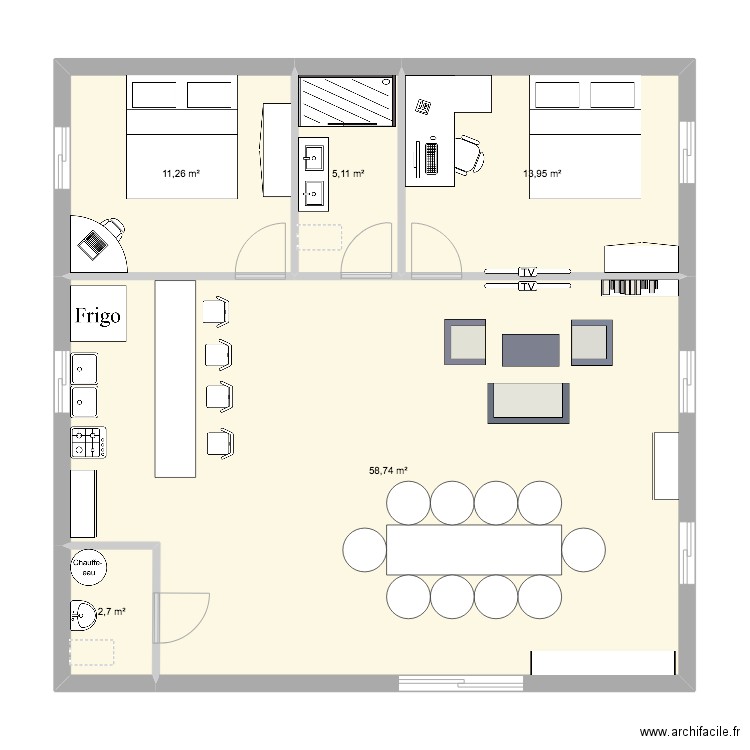 t2 rdela. Plan de 5 pièces et 92 m2