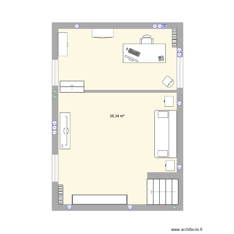 Bureau. Plan de 1 pièce et 36 m2