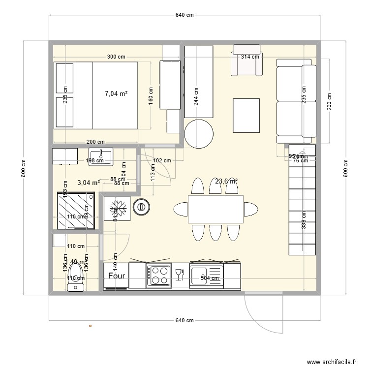 Chalet six fours RDC. Plan de 4 pièces et 35 m2